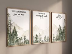 three framed art prints with trees and mountains in the background