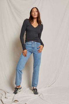 people always say not to choose favorites but we might make an exception. cut in slinky cotton rib with a wide v neck, this long sleeve fits like a glove and fits like it was made just for you. pair it with denim for an elevated look or easily dress it down with hailey or stevie.   please note for heather grey: due to Fitted Long Sleeve V-neck Sweater For Fall, Fall Long Sleeve V-neck Top, Long Sleeve Cotton V-neck Top For Fall, Ribbed V-neck Long Sleeve Top For Spring, Fitted V-neck Long Sleeve Top For Winter, Fitted Ribbed V-neck Sweater With Long Sleeves, Trendy Ribbed V-neck Long Sleeve Top, Trendy Stretch V-neck Long Sleeve Sweater, Trendy Fitted V-neck Long Sleeve Top