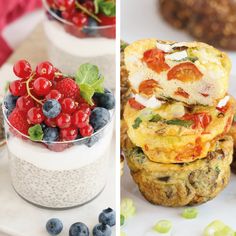 three different breakfast dishes with berries and muffins