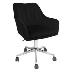 a black office chair with wheels and casteors on an isolated white background, viewed from the front