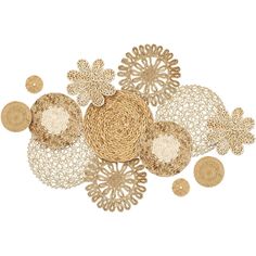 an assortment of woven doily with circles and flowers on the side, all in different sizes