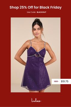 There's nothing better than stealing everyone's attention in the Lulus Captivating Glimmer Purple Sequin Rhinestone Tie-Back Mini Dress! Sheer mesh knit boasts a netted design with sparkling sequins as it shapes this eye-catching dress. Adjustable spaghetti straps support a V-neckline and a triangle-style bodice with a tying detail and a center cutout, all trimmed with luxe rhinestones. High, empire waist sits atop a figure-skimming A-line skirt with a perfect mini hem. Sash ties secure across the deep V-back for a flirty finish. Hidden back zipper/clasp. Fit: This garment fits true to size. Length: Mid-thigh. Size medium measures 27.5" from adjustable straps to hem. Bust: Great for any cup size. Waist: Fitted - very fitted at natural waist. Hip: Loosely Fitted. Undergarments: May be worn