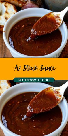 two pictures showing how to make steak sauce in the slow cooker and then using a spoon