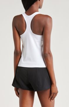 A built-in shelf-bra keeps you supported in this racerback tank top cut with signature Dri-FIT technology for cool, dry comfort as you work up a sweat. 20 1/2" length (size medium) Scoop neck Racerback Built-in shelf-bra Dri-FIT moisture-wicking technology 82% polyester, 18% spandex Machine wash, line dry Imported Shelf Bra, Racerback Tank Top, Nike Dri Fit, Racerback Tank, Dri Fit, Moisture Wicking, Scoop Neck, White Black, Built In