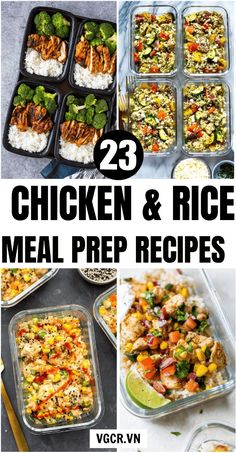 chicken and rice meal prepped in trays with text overlay that reads 23 chicken and rice meal prepped in containers