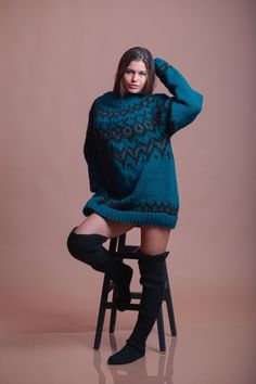 "Blue Nordic Sweater, Wool Jumper, Women Fair Isle Sweater DETAILS - Made from 100% natural soft wool - The model is 170 cm tall (regular S) - The sweater on picture is size 4XL - As mostly all models in our shop the sweater is loose fit - Color on photo - Details Sweater in the pictures : 1-Sweater Length75cm,29,5inch 2-Sweater Chest55cm,21,7inch 3-Sweater Sleeves54cm,21,3inch 4- Turtleneck Length5cm,2,0inch FIT - The sweater is of loose fit designed to have comfortably roomy fit and look. For Nordic Chunky Knit Sweater For Winter, Long Sleeve Fair Isle Sweater For Winter, Winter Fair Isle Long Sleeve Sweater, Fair Isle Long Sleeve Winter Sweater, Nordic Style Chunky Knit Sweater, Nordic Chunky Knit Sweater, Blue Crew Neck Knitting Pattern For Fall, Fair Isle Pattern Long Sleeve Sweater For Cold Weather, Long Sleeve Fair Isle Sweater For Cold Weather