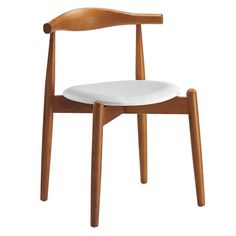 a wooden chair with a white seat cushion