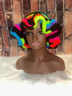 Handmade crochet beanie with ruffle brim. Retro Crochet Hat One Size Fits Most, Retro Crochet Hat One Size, Retro Crochet Hat, Retro Crochet Yarn Hat, Retro Crochet Hat In Yarn, One Size, Retro Multicolor Crochet Hat, Brimmed Crochet Yarn Bonnet, Fitted Multicolor Crochet Hat, Ruffled Beanie Hat