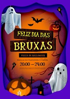 an image of a halloween poster with ghost and pumpkins on the purple background for feliz daas bruxas