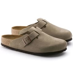 Birkenstock Men's Boston Soft Footbed Taupe Suede - 407964101017 - Tip Top Shoes Shoes For Guys, Boston Soft Footbed, Birkenstock Clog, Boston Clogs, Birkenstock Men, Birkenstock Women, Calf Muscles, Kaia Gerber, Shoe Inspo