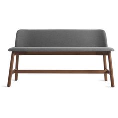 a gray bench with wooden legs on a white background, the seat is upholstered