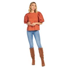 The Aurora Rust Puff-Sleeve Top is effortlessly stylish. The cotton jersey top features cotton poplin balloon short sleeves. The top measures approximately 23" from shoulder to hem on size small. The dramatic sleeves add a stylish touch to this classic top, available in black, rust and cream. | Mud Pie Women's Aurora Rust Puff-Sleeve Top in Orange, Size Large | 100% Cotton Chic Cotton Puff Sleeve Top With Lantern Sleeves, Chic Cotton Puff Sleeve Top With Balloon Sleeves, Chic Cotton Puff Sleeve Top, Chic Cotton Puff Sleeve Top With Elastic Sleeves, Casual Puff Sleeve Top With Pleated Sleeves, Fall Cotton Puff Sleeve Top With Gathered Sleeves, Versatile Puff Sleeve Tops For Fall, Fall Fitted Puff Sleeve Top With Gathered Sleeves, Casual Lantern Sleeve Puff Top For Work