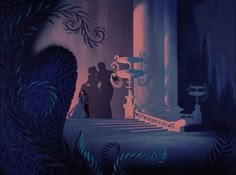 an animated scene with a man and woman standing next to each other in the dark