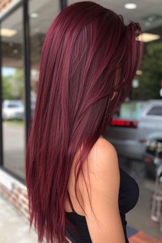 Red Hair For Neutral Undertones, Half Back Half Red Hair, Dark Roots Red Ends, Lavender Red Hair, All Over Color Ideas For Brunettes, Red Dimensional Hair Color, Deep Cherry Hair, Dark Maroon Hair Burgundy, Deep Red Hair Color Burgundy Wine