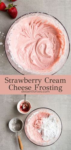 strawberry cream cheese frosting in a glass bowl next to two bowls with strawberries