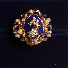 Listing Is For An Art Deco, Renaissance Or Rococo Style Ring In Blue That Has Pearls And Cz. Ring Is Gold Plated Over Silver. Ring Is Brand New, Never Been Used, And Hallmarked 925. Please Study Photo For Design, Measurement, And Condition. Ring Is A Size 9. Please Visit My Closet For Vintage Items, Gems On Silver, Bracelets, Necklace Sets Made With Swarovski Xirius Crystals On Brass And Gunmetal. I Am Slowly Including Modern Fashion Jewelry (Such As This), So If Interested, Please Consider Foll Blue Enamel Round Rings, Royal Blue Jewelry Gift, Royal Blue Jewelry For Gifts, Royal Blue Jewelry For Gift, Blue Jeweled Jewelry For Anniversary, Royal Blue Jewelry For Formal Occasions, Blue Costume Jewelry For Anniversary, Blue Enamel Open Ring Jewelry, Elegant Blue Enamel Ring With Gemstone