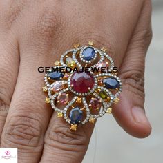 Ruby Diamond Ring, Sapphire Silver Ring, Multi-Stone Ring, Pave Diamond, Gemstone Silver Jewelry, 925 Silver Jewelry, Gold Plated Ring, Gift Gross Weight: 11.97 gram Gemstone Weight: 10.94 cts Diamond Weight: 1.10 cts NOTE:- All The Products Are Designed And Manufactured In My Workshop By Me & My Team. Shown Products Are Purely Handmade. Custom Orders Are Open Handly Accepted. We Are the Perfect Choice For Any Custom Jewelry Manufacturing. For Bulk Orders Please Message me. Visit My Store Fo Multicolor Ruby Ring In Fine Jewelry Style, Multicolor Diamond Ruby Ring For Anniversary, Multicolor Ruby Ring With Diamonds For Anniversary, Multicolor Ruby Ring Fine Jewelry, Dazzling Open Ring With Gemstone, Multicolor Round Diamond Ring For Gift, Multicolor Diamond Ring As Gift, Multicolor Round Diamond Ring Gift, Dazzling Gemstone Open Ring