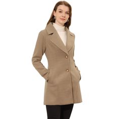 This elegant coat with pockets is a stylish yet practical addition to your winter wardrobe. This silhouette for a flattering finish, creates the perfect finishing touch for everyday outfits. The long solid color coat has an understated silhouette and a notched lapel, making for a timeless piece of outerwear. Layered over everything from smart-casual workwear to weekends, this coat will become a winter favorite. Paired well with a fitted blouse and wide-leg pants for an office-to-dinner look. The Classic Solid Color Winter Outerwear, Fall Office Pea Coat In Solid Color, Fall Outerwear With Buttoned Pockets, Classic Fall Pea Coat In Solid Color, Solid Outerwear With Buttoned Pockets For Fall, Winter Office Outerwear With Button Closure, Classic Solid Color Pea Coat For Fall, Fall Office Pea Coat With Pockets, Classic Solid Color Fall Pea Coat