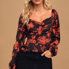 Lulus Exclusive! Your Date Will Be Speechless When You Walk In Wearing The Lulus Ready For Romance Black Floral Print Ruched Long Sleeve Top! Lightweight Woven Fabric, With A Moody Floral Print In Shades Of Pink, Red, And Purple, Shapes A Sweetheart Neckline And Long Balloon Sleeves With Elasticized Shoulders And Cuffs. A Relaxed Bodice Is Accented With Gorgeous Ruching Down The Center While Smocking At Back Makes For A Perfect Fit. Slightly Flared Peplum Hem Finishes This Flirty Top. Unlined. Fitted Floral Print Blouse For Night Out, Black Floral Print Top For Evening, Flirty Black Top For Fall, Fall Date Night Top With Floral Print, Flirty Black Blouse For Date Night, Red Floral Print Top For Night Out, Black Floral Print Party Tops, Black Flirty Blouse For Spring, Flirty Black Blouse For Spring