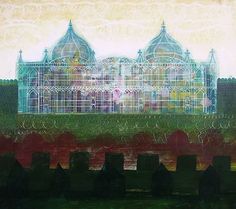 an abstract painting of a building with many arches and domes on it's roof