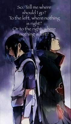 two people standing next to each other in the rain with an anime quote above them