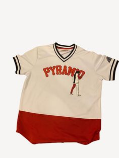 A classic white and red unique vintage baseball jersey. Black Pyramid design with a black sleeve trim. Retro style sports jersey with a graffiti spray paint design. Sleek straight baseball jersey style with a comfy fabric.  Fits 49'' around the chest Retro Baseball Jersey, Sporty White T-shirt With Baseball Collar, Red Jersey For College Baseball Season, Red College Jersey For Baseball Season, Sporty Red T-shirt With Raglan Sleeves, Red Jersey With Baseball Collar For Sports Season, Collegiate Red Baseball Jersey For Sports Season, Red Collegiate Jersey With Baseball Collar, Red Baseball Collar Jersey For Sports Season