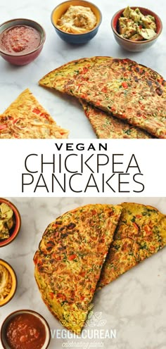 vegan chickpea pancakes with salsa and guacamole on the side