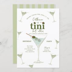 a birthday party card with martini glasses and olives on the rim, in green stripes