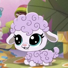 a little lamb with big eyes standing in the middle of a room filled with toys