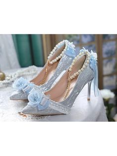 Artificial Pearls Decorative Floral Lolita Tea Party High Heels Heels Flower, Flower Wedding Shoes, Bow Decorations, Princess Heels, Pointed High Heels, Sport Slippers, Party High Heels, Fairy Shoes, Loafer Shoes Women