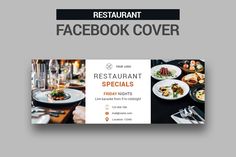 the restaurant facebook cover is shown with an image of food and drinks on it's side