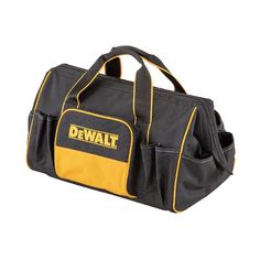 a black and yellow duffel bag with the word dew on it's side