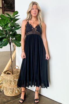 S / Black Aurelle Floral Crochet Lace Maxi Dress - FINAL SALE - Madison and Mallory Flowy Lace Dresses With Lace Back, Summer Beach Maxi Dress With Scalloped Lace, Spring Backless Lace Dress With Lace Bodice, Spring Lace Dress With Backless Design, Backless Sundress With Lace Trim, Black Lace Patchwork Maxi Dress For Summer, Backless Lace Dress With Lace Bodice For Spring, Maxi Length Lace Dress For Date Night, Backless Lace Dress With Lace Trim