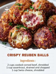 the recipe for crispy reuben balls is shown on a white plate with green garnish