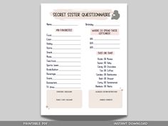 the printable secret question sheet is shown