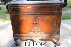 an old wooden dresser with the words before and after