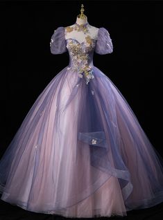 Ball Gowns Light Purple, Purple Tulle Ball Gown, Purple Princess Dress Fairytale, Purple Quinceanera Dresses With Sleeves, Tangled Dress Prom, Rapunzel Theme Prom Dress, Pink And Purple Quinceanera Dresses, Tangled Inspired Prom Dress, Elegant Dresses Purple