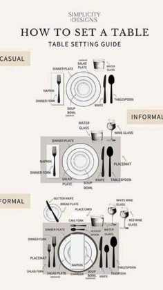 the table setting guide for dinner is shown in black and white, with instructions on how to set a table