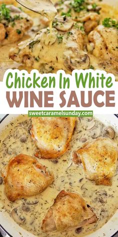 chicken in white wine sauce is being stirred with a ladle and served on a plate