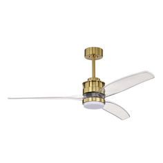 a ceiling fan with two white blades and a gold finish on the blade is shown