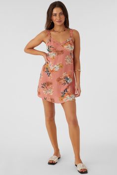 Ready for sunshine woven mini dress that has a flutter hem design, flowy fit and v-neckline with ruffle details. O'Neill Women's woven mini dress 27" In length Flowy fit V-neckline with ruffle details Encased back waist elastic 100% Viscose crinkle | O'Neill Women's Luella Punta Tropical Mini Dress in Canyon Clay, Size XS, Viscose Girl Beanie, Loungewear Dresses, Loungewear Outfits, Spring Suit, Triangle Bralette, Denim Sweater, Woman Weaving, Top Graphic Tees, Festival Dress