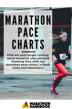 marathon pace chart with the words marathon pace chart on it and a photo of a woman running