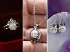 Introducing the exquisite Pearl Skull Jewelry Gift Set, a perfect blend of elegance and edge, designed for those who appreciate both vintage charm and gothic allure. This unique set includes a custom engraved pearl skull locket pendant necklace, dangle pearl skull earrings with crowns, and a stunning pearl skull ring adorned with a crystal crown. Each piece is meticulously crafted to offer a timeless appeal that resonates with both vintage aficionados and goth enthusiasts. The centerpiece of thi Elegant Skull Ring As Gift, Elegant Skull Ring Gift, White Skull Jewelry For Halloween, Elegant Skull Shaped Jewelry For Gifts, Elegant Skull-shaped Jewelry For Gifts, Gothic Skull Jewelry For Formal Occasions, Halloween Skull Jewelry In White, White Skull-shaped Halloween Jewelry, Halloween White Skull Jewelry