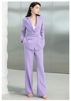 Elegant Purple V-Neck Wide Leg Pantsuit Set. Peak lapels; front button blazer V-neck, Long sleeves; button cuffs. Structured shoulders. Ruffle waist Empire waist Polyester 92% Spandex 8% Imported Brand - Aision Model Number - 223158 Lilac Pantsuit, Purple Suit Women, Bridesmaid Pantsuit, Work Outfits Women Winter, Pink Purple Wedding, Work Outfits Women Professional, Lavender Outfit, Estilo Kardashian, Purple Suit