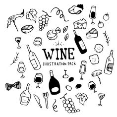 a wine illustration pack with different types of wines and bottles in the center, hand drawn doodle style