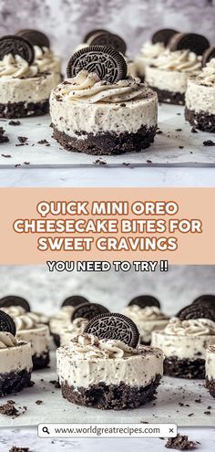 Indulge in these Mini No-Bake Oreo Cheesecakes that combine creamy cheesecake with crunchy Oreo goodness! Perfect for any occasion, these easy-to-make desserts require no baking, making them a hassle-free sweet treat. With just a handful of ingredients—like cream cheese, whipped cream, and Oreos—you can create delightful cheesecake cups that are sure to impress your guests. Customize them with your favorite toppings for a personalized touch. Treat yourself to these delicious mini desserts today!