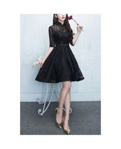 Fitted Black Lace Dress For Banquet, Fitted Black Dress With Lace Collar, Black Lace Dress With Lace Collar, Black Lace Knee-length Wedding Dress, Black Lace Dress For Spring Wedding, Black Lace Dress For Wedding And Prom Season, Black Knee-length Lace Wedding Dress, Black Knee-length Lace Dress For Wedding, Formal Black Lace Dress With Lace Collar