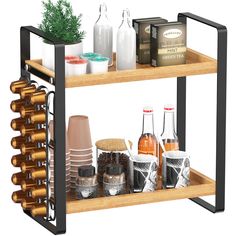 a wooden shelf filled with bottles and spices