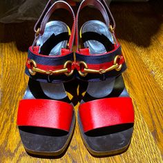 Gucci Querelle Horsebit Accent Slingback Sandals Red Leather Horsebit Accent & Sylvie Web Accent Block Heels Multistrap & Velcro Closure At Ankles Gucci Slingback Party Sandals, Gucci Slingback Sandals For Party, Gucci Slingback Sandals With Heel Strap, Elegant Red Gucci Sandals, Gucci Leather Slingback Sandals, Gucci Designer Slingback Sandals, Designer Gucci Slingback Sandals, Luxury Gucci Slingback Sandals, Designer Red Sandals With Ankle Strap