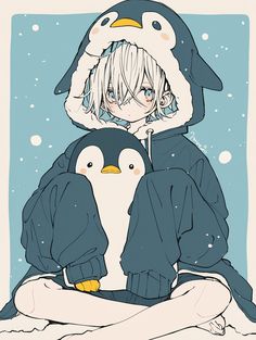 a drawing of a girl hugging a penguin